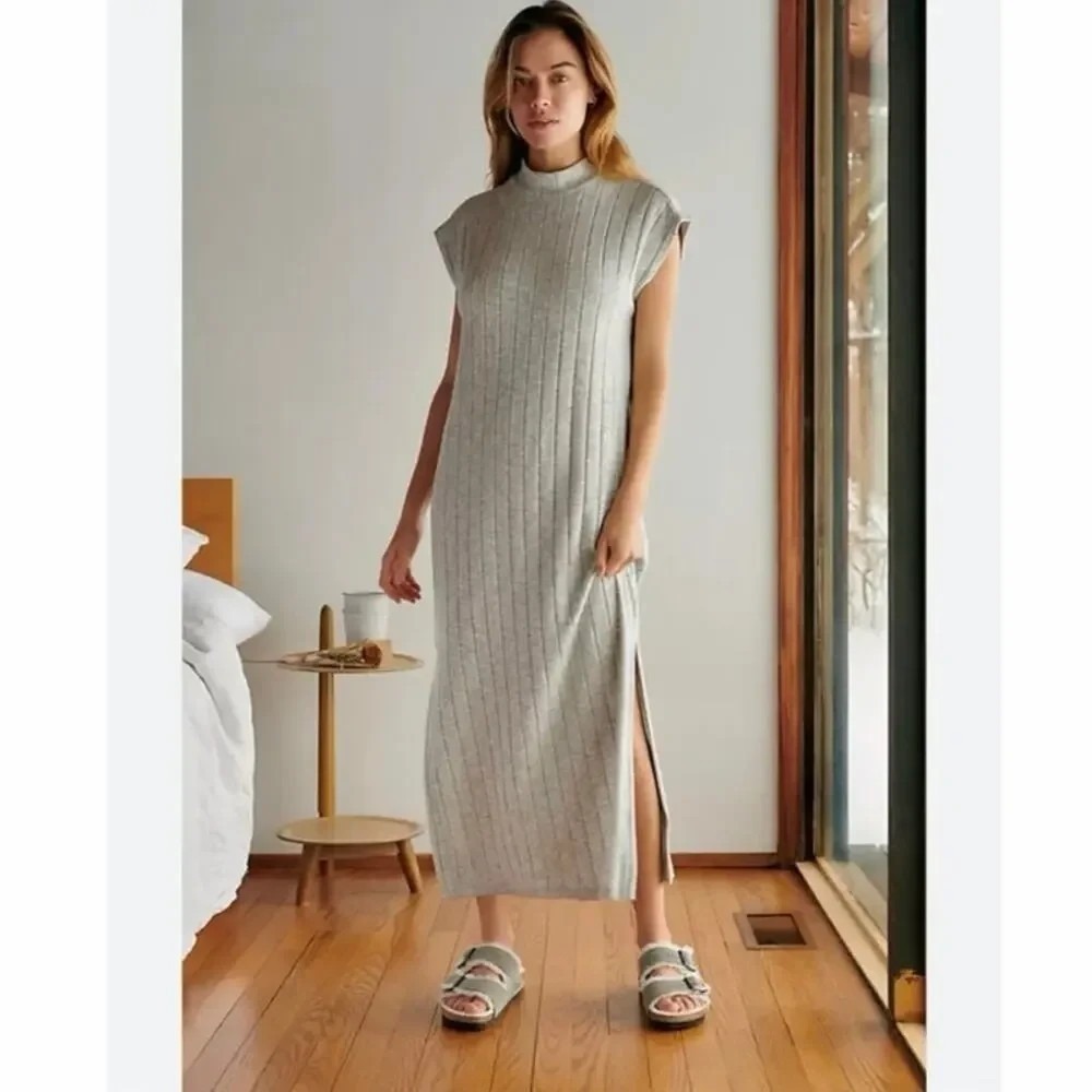 Anthropologie Saturday Sunday Medium Dress "Elisabeth" Maxi Gray Ribbed Preppy